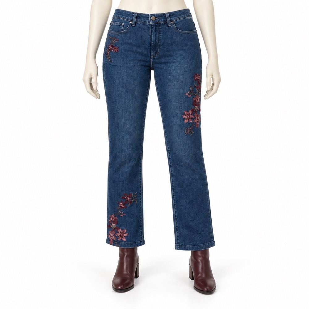 Charter Club Lexington Straight Floral Embroidered Jeans Medium Wash Blue Size 8